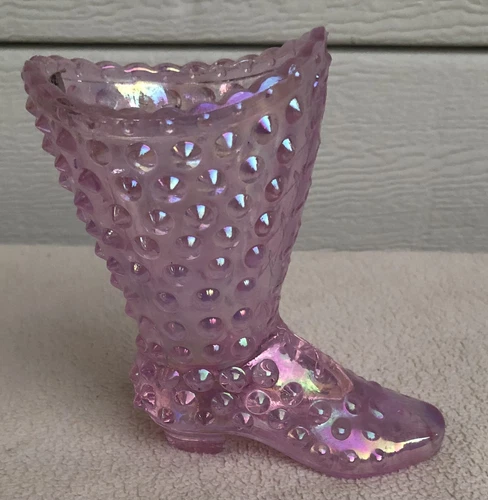 Fenton Anniversary Pink Iridescent Hobnail Glass Lace Up Boot Figurine MINT