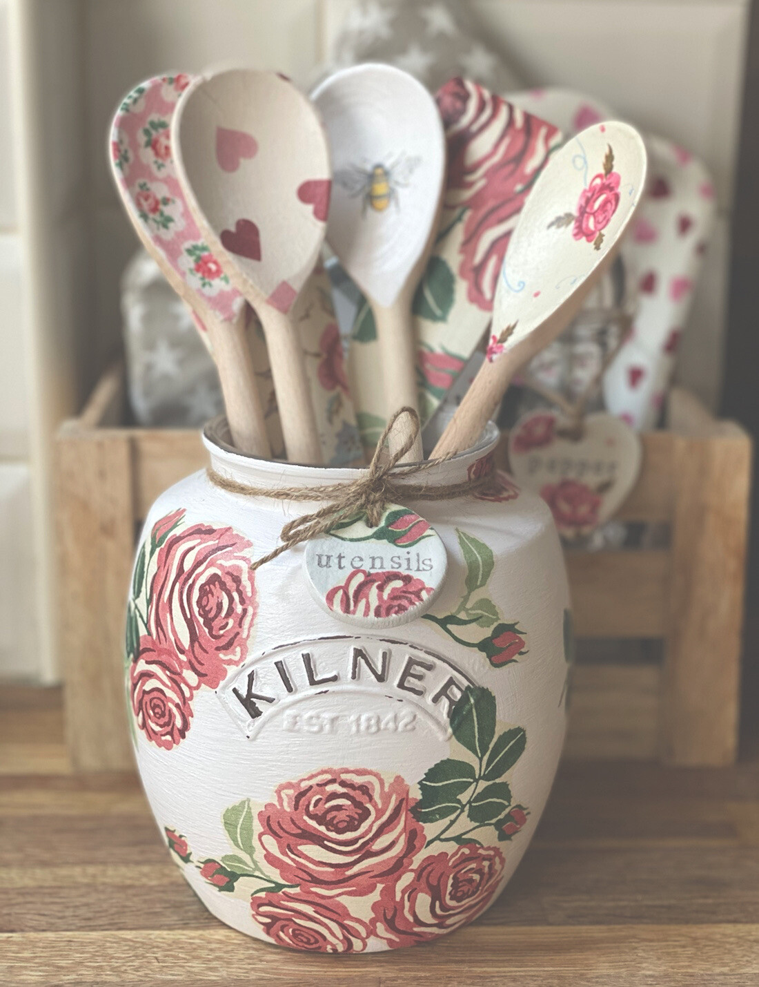 Emma Bridgewater Themed Kilner Utensils Jar Pink Roses With Clay Tag