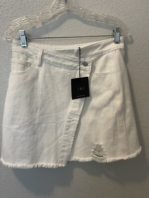 NWT Le Lis White Denim Mini Skirt M Asymmetrical Wrap Button Fly Frayed Edge