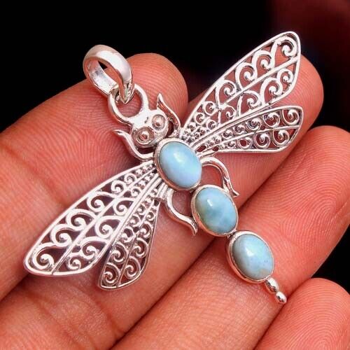 Dragonfly Design Pendant Larimar Gemstone 925 sterling Silver Jewelry - Picture 1 of 2