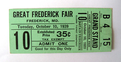 Original Oct 10, 1939 Great Frederick Fair 35¢ Grand Stand Ticket - Md 