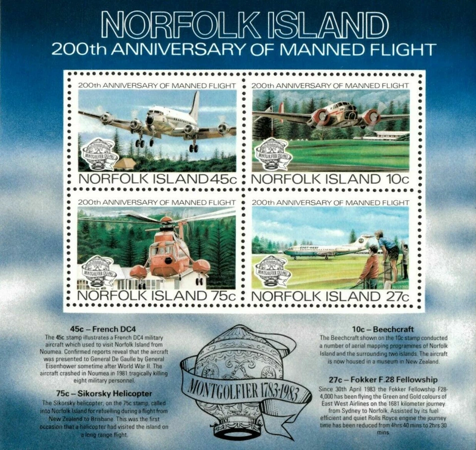 Norfolk Island - "AVIATION ~ PLANES ~ 200th ANN. OF MANNED FLIGHT" MNH MS 1983 - Image 2 of 2
