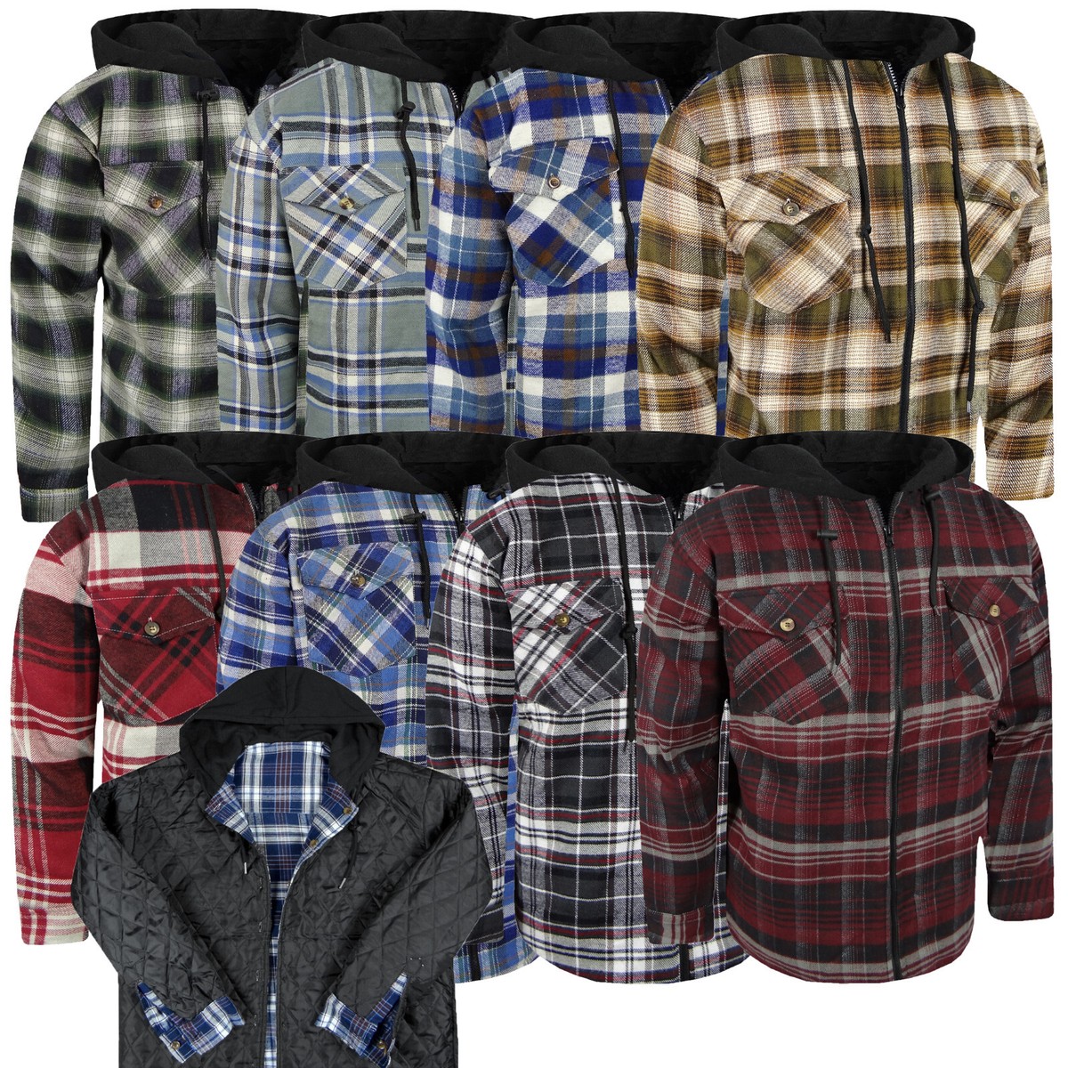 Quilted Hoodie Flannel Very Thick Jacket Zip Up Mens Plaid Quilted Hoodie Flannel Very Thick Jacket Zip Up Mens Plaid