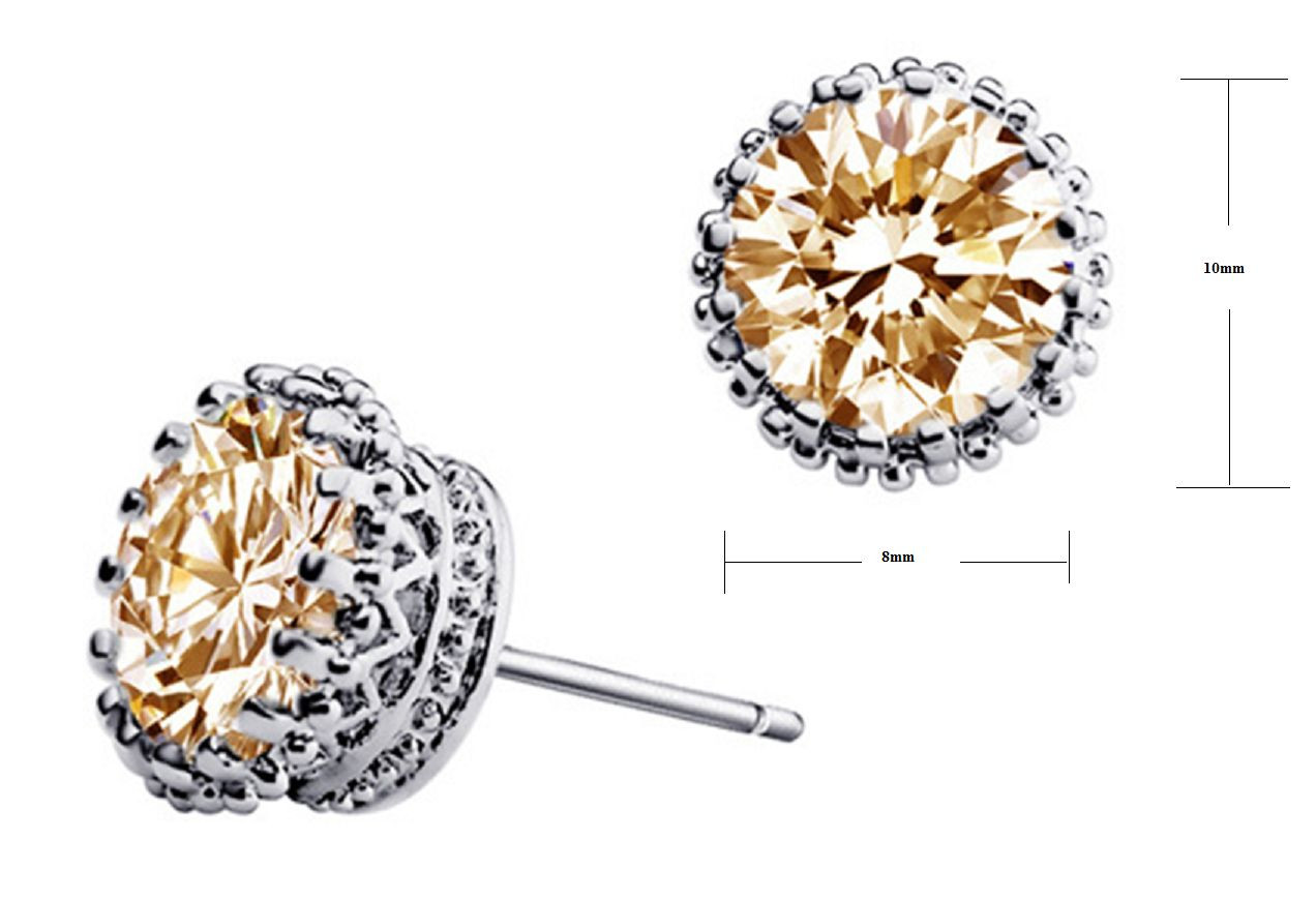 Fashion "Crown" Silver 8mm Round Citrine Cubic Zirconia Party Earring Stud