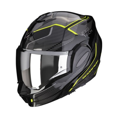 exo tech SCORPION reversible modular motorcycle helmet black neon yellow approved