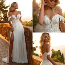 Simple A-Line Wedding Dresses Off Shoulder High slit Lace Appliques Bridal Gowns