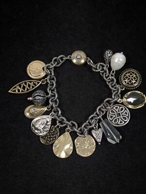 Two Tone Faux Pearl Hammered Charm Cha Cha Bracelet Retro Chic Boho 7.25'' Magnet