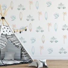 Retro Surfer Theme Wall Sticker, Ocean Wall Decals, Boys Beach Room Decals 6529