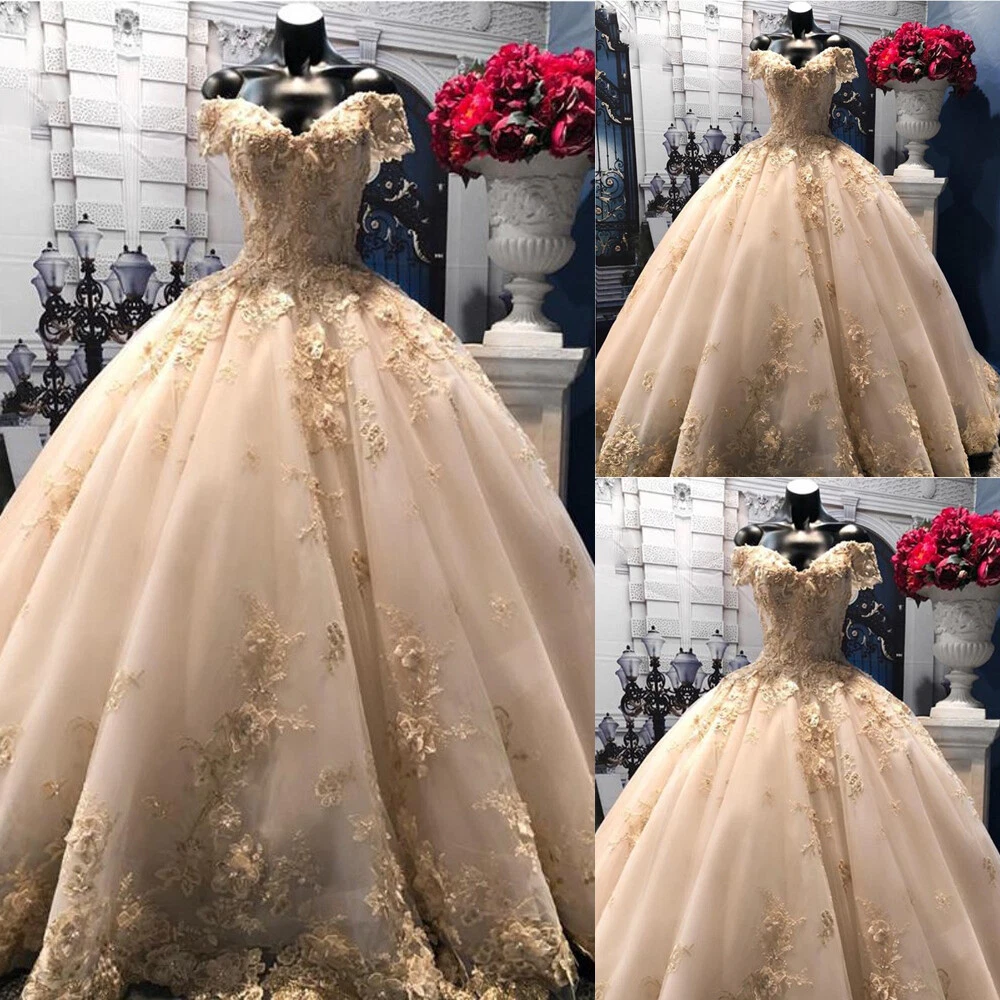 Champagne Gold Off the Shoulder Wedding Dresses Lace Appliques Bridal Gowns  | eBay