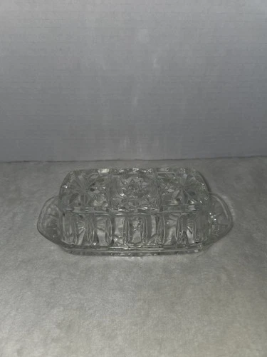 Vintage Anchor Hocking Clear Pressed Starburst Cut Glass Covered Butter Dish