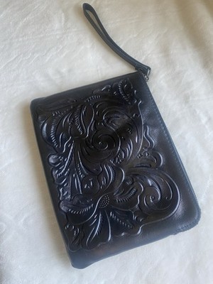 Patricia Nash Cassini Tooled Leather Wristlet Clutch Black Zip Boho Western