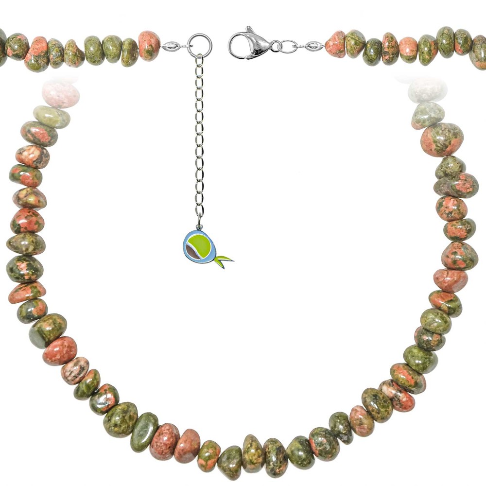Collier en unakite de prestige avec perles roulées de 7-10 mm, sautoir d'exception de 70 cm