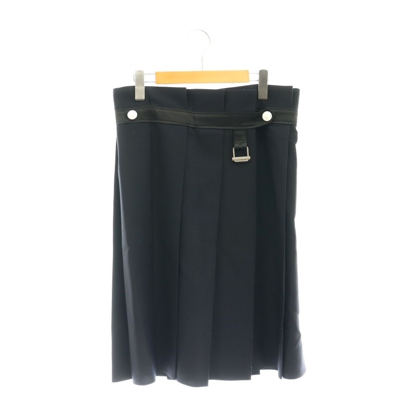 Navy Wool Wrap Skirt with Pleats Knee-Length Womens