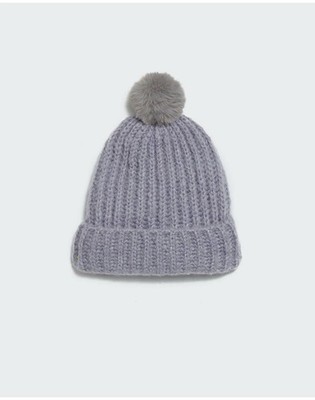 NEW Apparis Womens Oshin Woven Knit Faux Fur Pom Beanie Hat Grey Size One Size