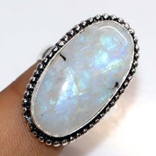 Rainbow Moonstone 925 Silver Plated Ring US 7 Bohemian Style Gift Trendy JW