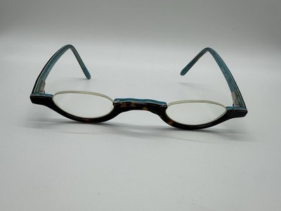 half-moon spectacles featuring a tortoise shell lower rim with teal accents