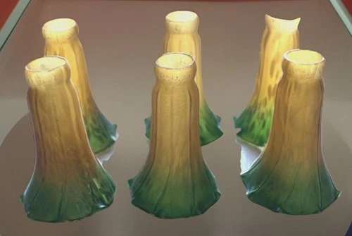 6 Vintage Green Amber Glass Tulip Lily Pad Lamp Shades Tiffany Style Replacement