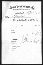 Union Square Hotel NYC Corner 15th St. 1878 Billhead A.J. Dam & Son Scarce
