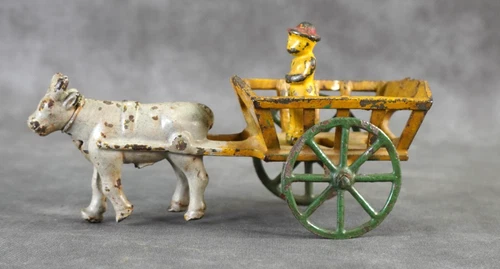 1900s Cast Iron Ox Plantation Cart w Driver 7" #P15