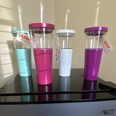 Dunkin' 4pc 24oz Plastic Tumbler Set w/ Lids & Straws Multicolor Logo