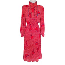 Silvia Red Polka Dot Floral Pleated Midi Dress M Vtg 80s Romantic Classic Modest