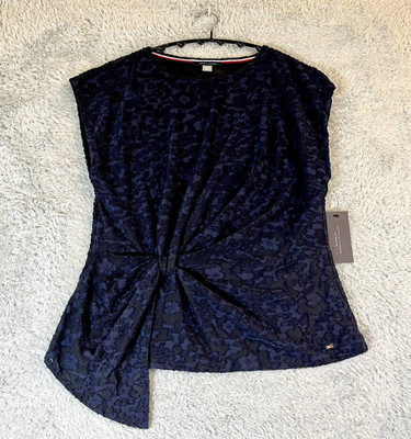 Tommy Hilfiger Women's Black Blue Knotted Sleeveless Crew Neck Blouse Size M