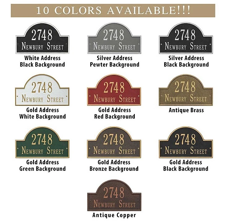 Placa de dirección personalizada de metal fundido Whitehall™ con tapa de arco. Mad Foto 2 de 4