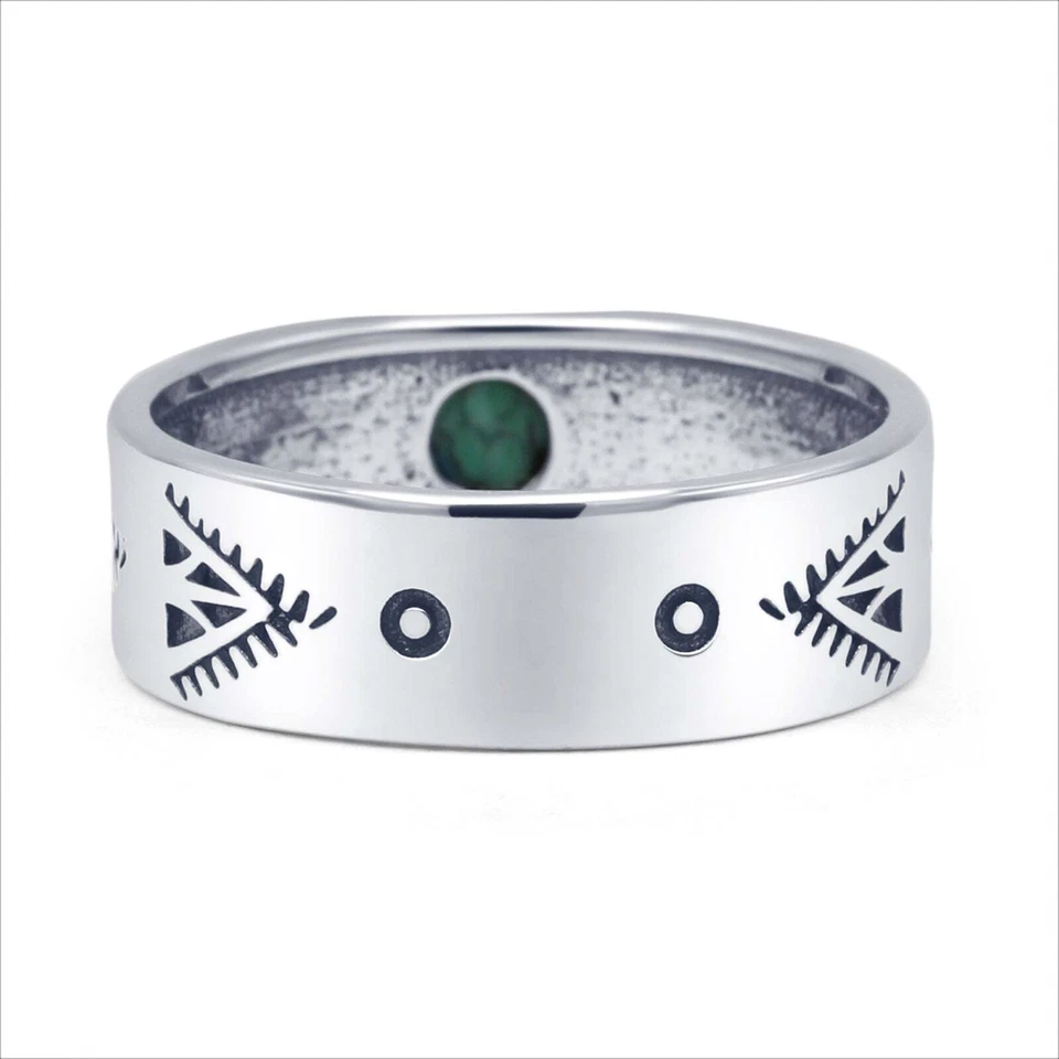 Round Turquoise Tribal Band Oxidized Ring 925 Sterling Silver 6mm - Image 3 of 4
