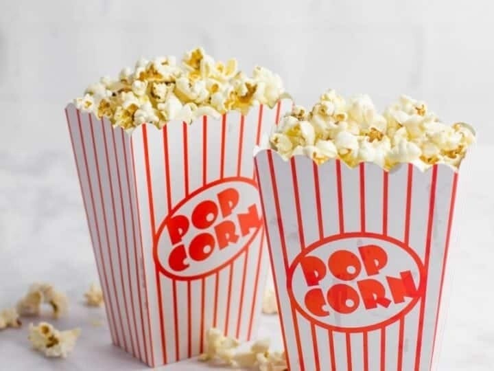 Relaxdays Sacs à pop-corn, set de 48, rayés, rétro, cinéma, accessoires pour soirée film, carton, bleu - blanc