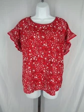 Max Studio Red Floral Flutter Sleeve Top Blouse Size XS New 