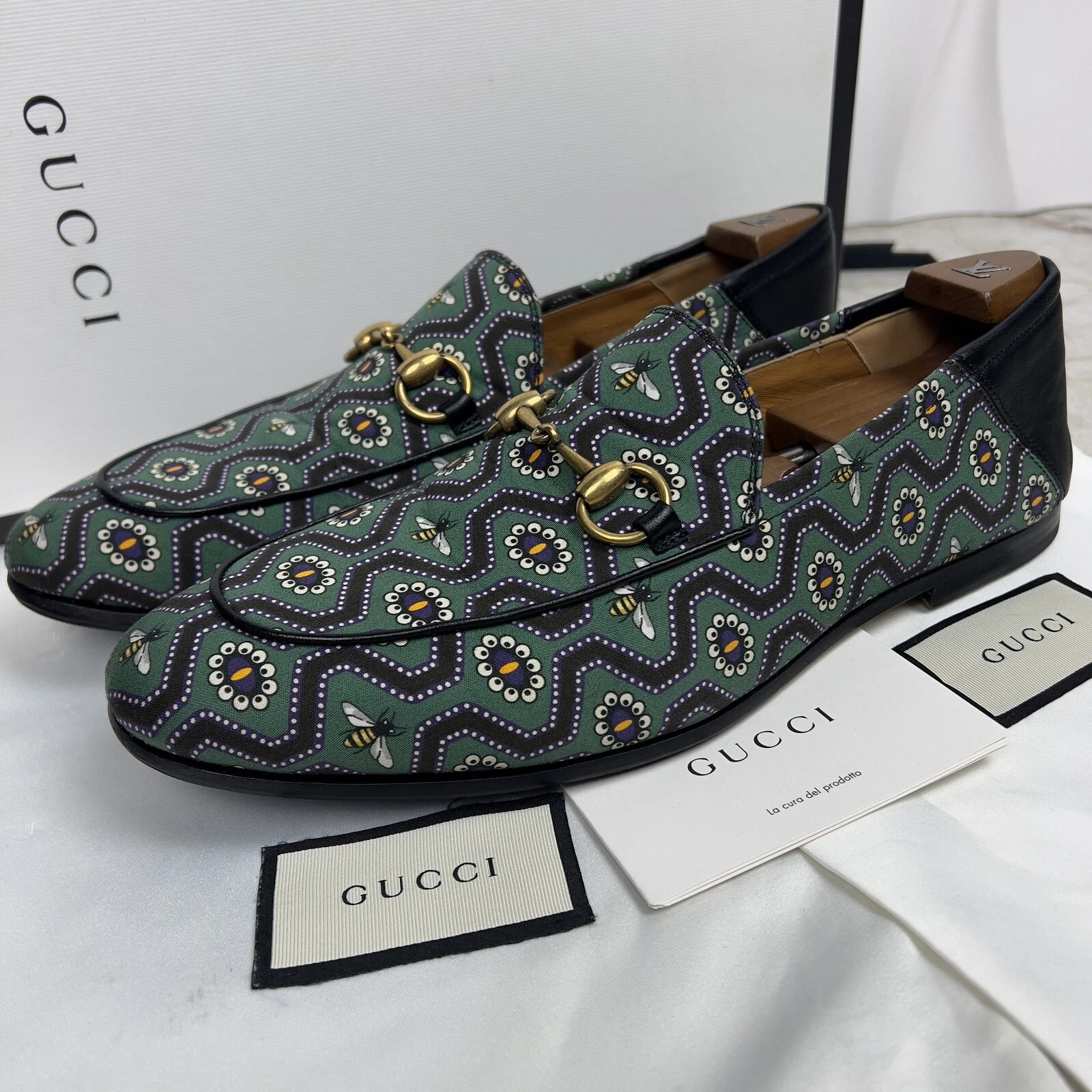 Mocassins Gucci Brixton Horsebit imprimé abeille tissu noir vert 7,5 G 8 US 41,