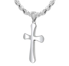 Men's 1 1/16in Solid 0.925 Sterling Silver High Polished Cross Pendant Necklace