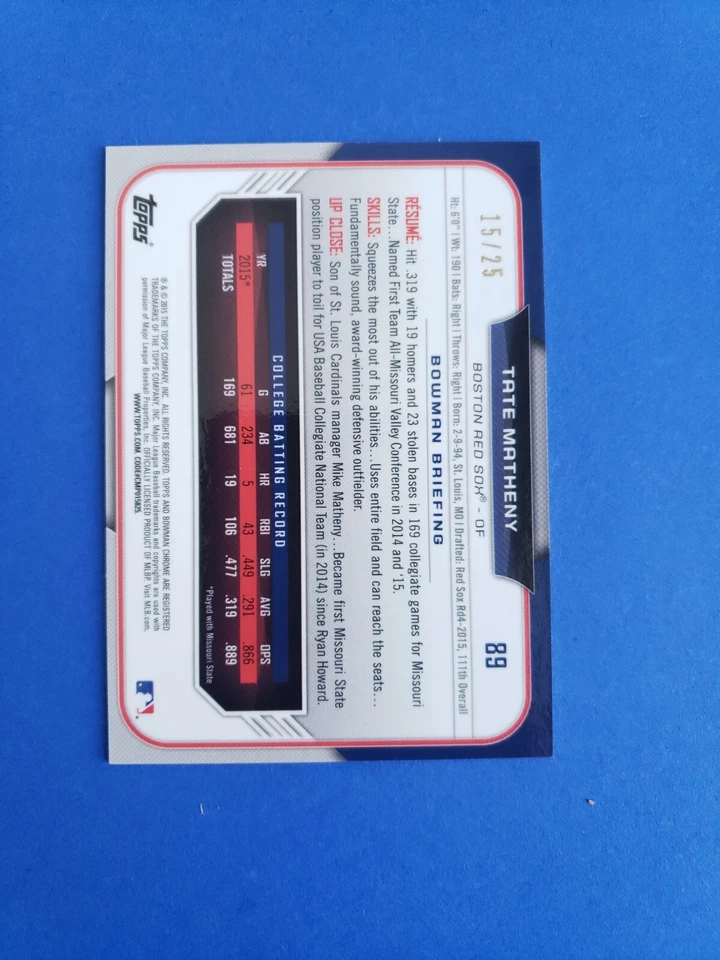 2015 Bowman Draft Chrome Orange Refractor /25 Tate Matheny #89 - Image 3 of 4