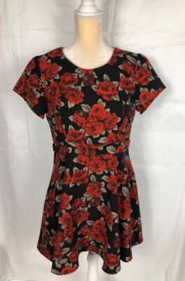 NWT Forever 21 Floral Mini Dress Black Red Short Sleeves Formal
