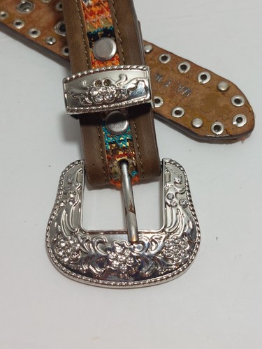3D Brown Girls Leather Belt Serape Design Studded Rhinestone Cowgirl 1.25 W XL - Picture 2 of 7