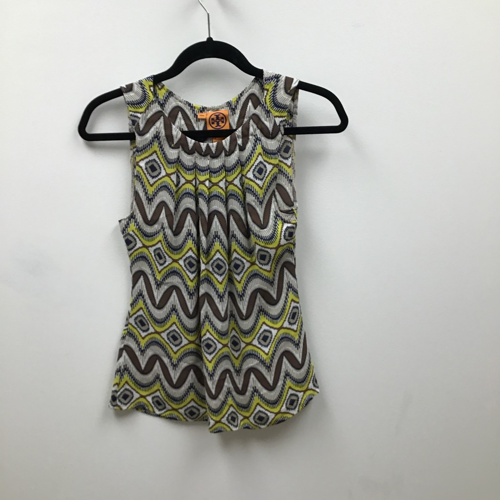 Top camicia blusa donna Tory Burch marrone astratta senza maniche plissettata 100% seta 2