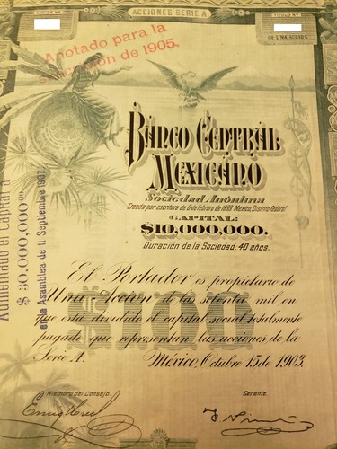 Banco Central Mexicano  Share certificate 1903 "blueberry" uncancelled  - Picture 1 of 2