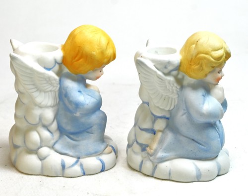 Vintage Angel Candle Holders – Blue Robes, Taiwan, 4.5" Tall, Minor Paint Wear - Picture 4 of 6