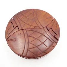 Hand Carved Wood Twin Fish Puzzle Box 7 Piece 2 Compartment 4.5 inch Round