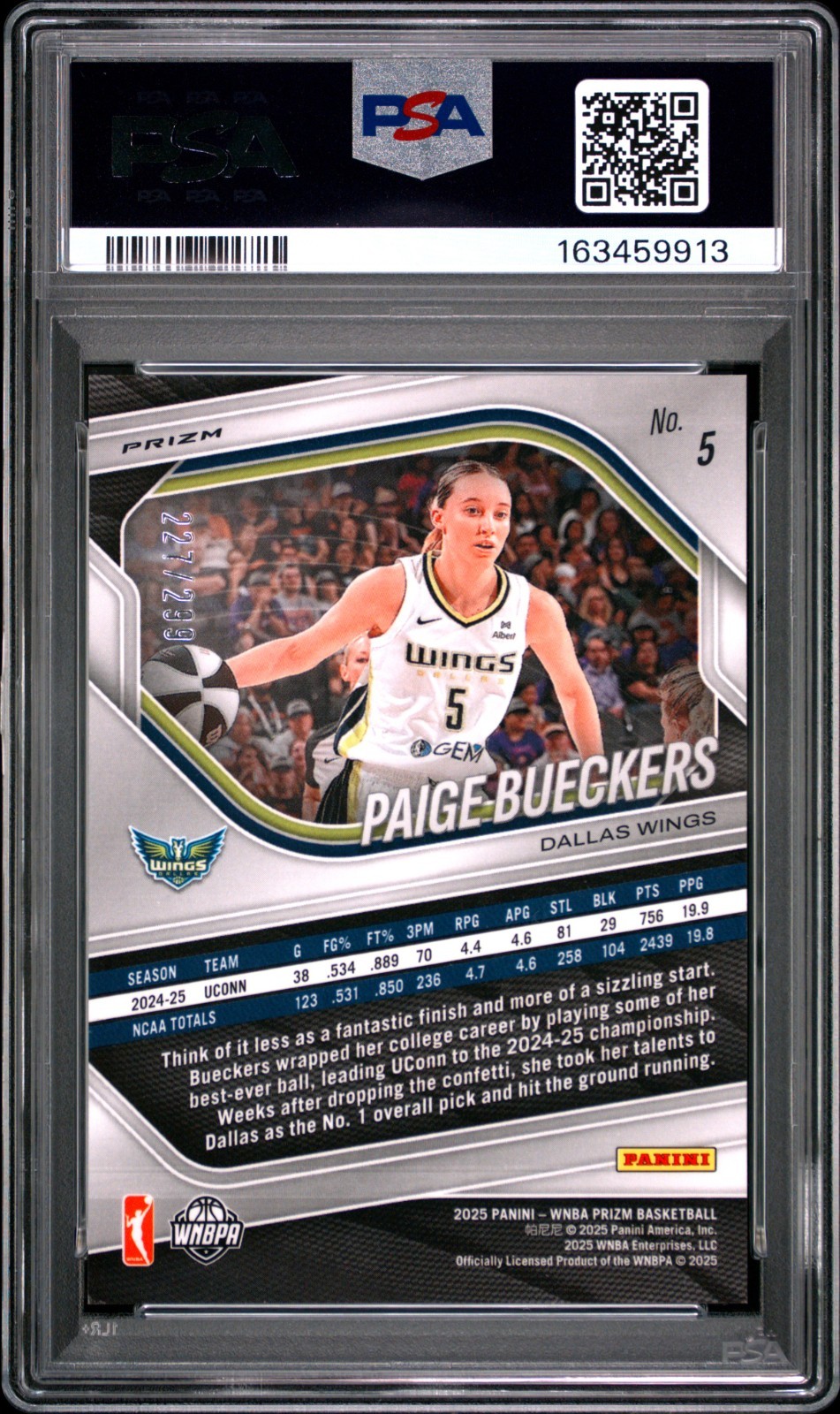 2025 Panini Prizm WNBA #5 Paige Bueckers Red Prizm Wings RC Rookie /299 PSA 10 view 4