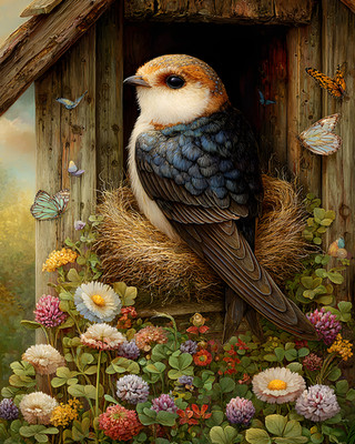 8x10 Cozy Storybook Bird Sitting on Nest Art Print Cottagecore - 864856314