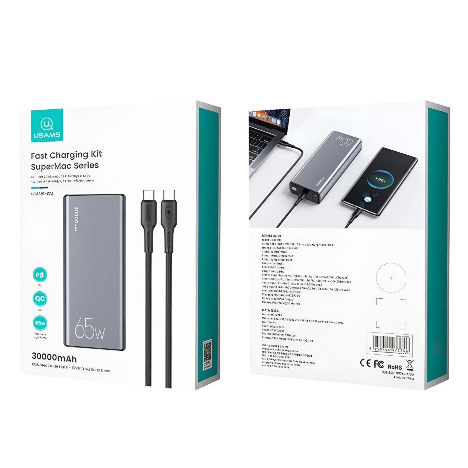 Batterie externe USAMS 30000mAh 65W portable pour ordinateur portable