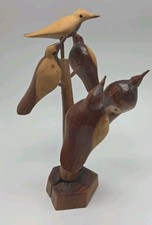 Vintage Folk Art Wood Carved Sculpture 6 Birds on a Tree MCM