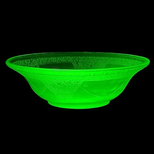Federal Glass Georgian Lovebirds Green Vaseline Uranium Bowl Glows Depression