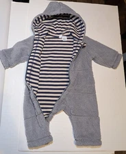 Hanna Andersson Bunting Hooded Gray With Blue White Stripes Zipper  Size 60 3-6M
