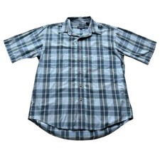 Van Heusen Shirt Mens Size M Button Up Short Sleeve Blue Plaid Poly Cotton Blend