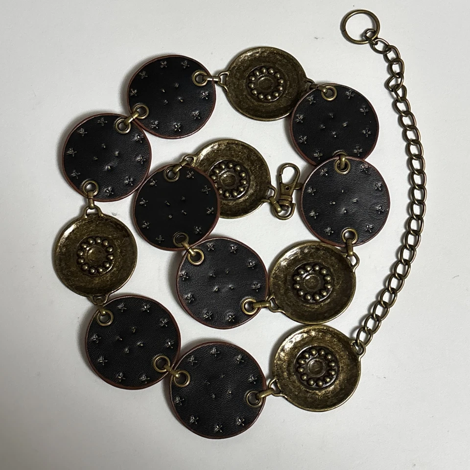 Cinturón Concho M L 36-38" Marrón Bronce Imitación Cuero Boho Reto Western Gitano Hippie Foto 3 de 4