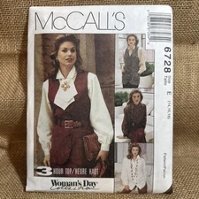 VTG  McCalls #6728 Sewing Pattern Misses Vest Shirt Ascot Size 12-14-16 Uncut
