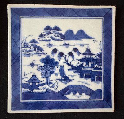 Antique Blue & White Willow Pattern Ceramic Tile 6.25  Victorian Era