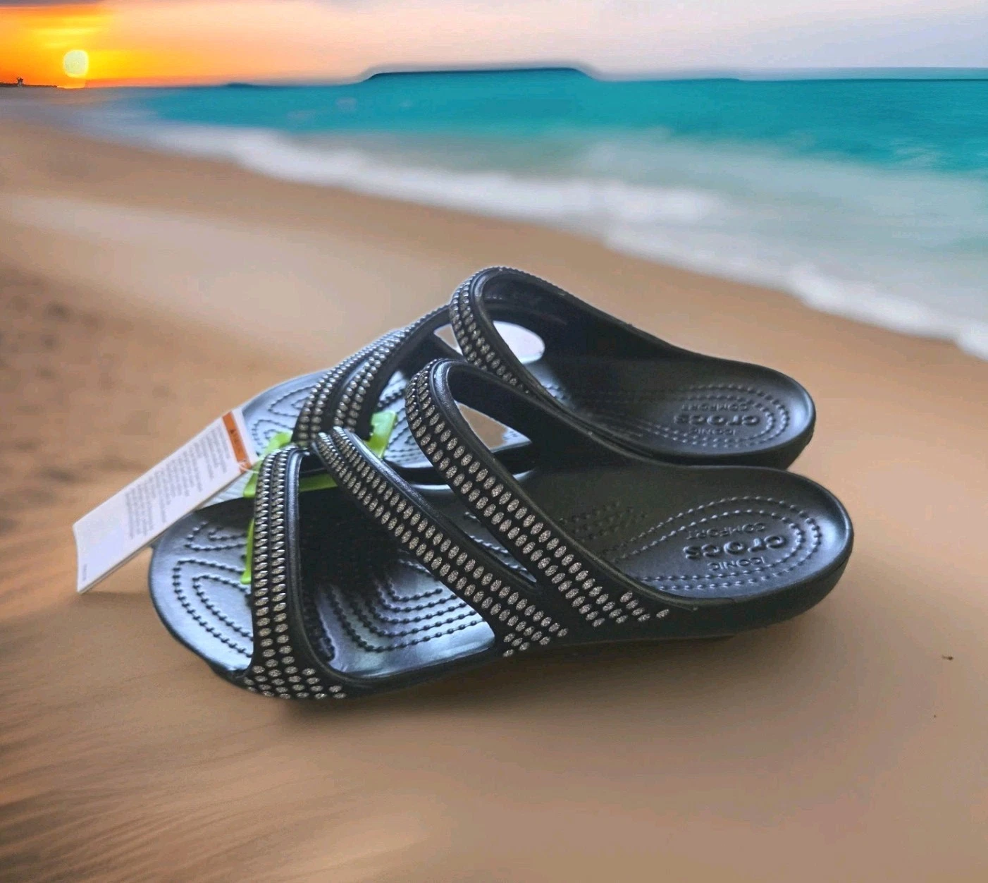 NWT Size 7 Crocs Black Getaway Gems Strappy Womens Sandals Shoes Slide On